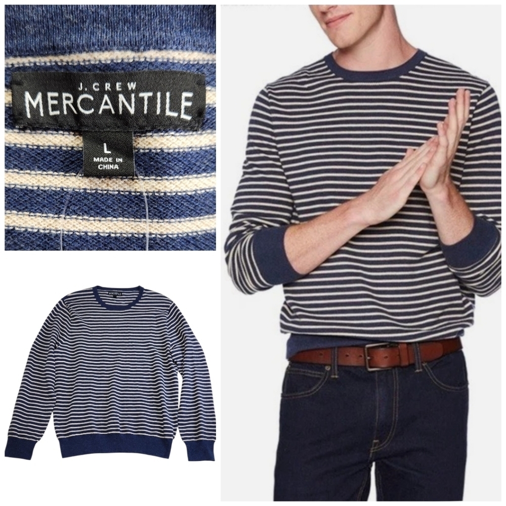 J.Crew Mercantile Mens Pique Striped Crewneck Sweater 100% Cotton Blue/Cream LG